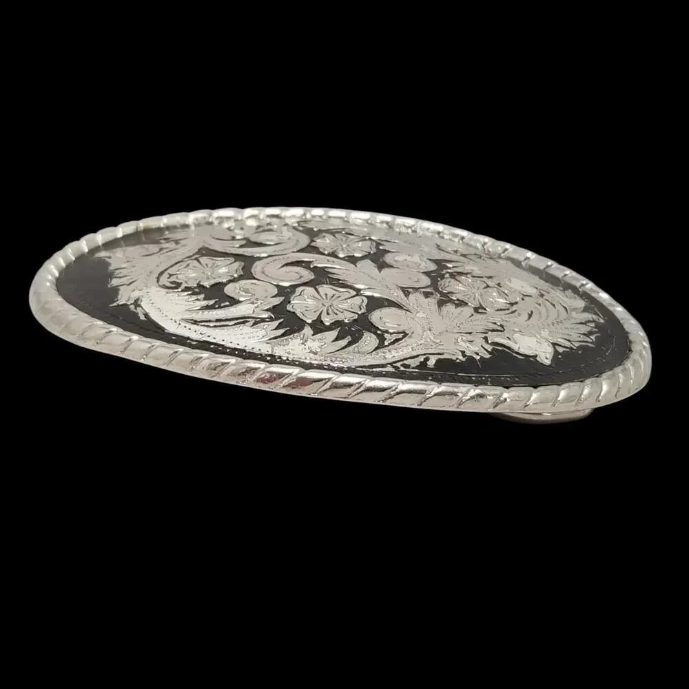 Vintage Belt Buckle Western Filigree Shiny Chrome Silver And Black‎ Color USA W